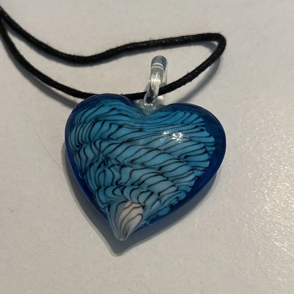Blue Swirl Glass Heart Pendant Necklace on Leather Cord  & Earrings Murano Style
